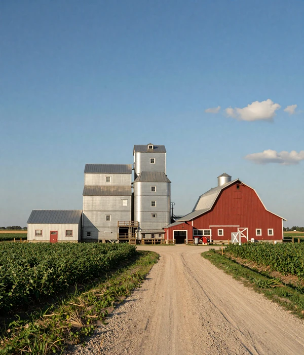 Illinois grain elevator and red barn surrounded by green soybean fields on flat prairie landscape with blue Midwest sky