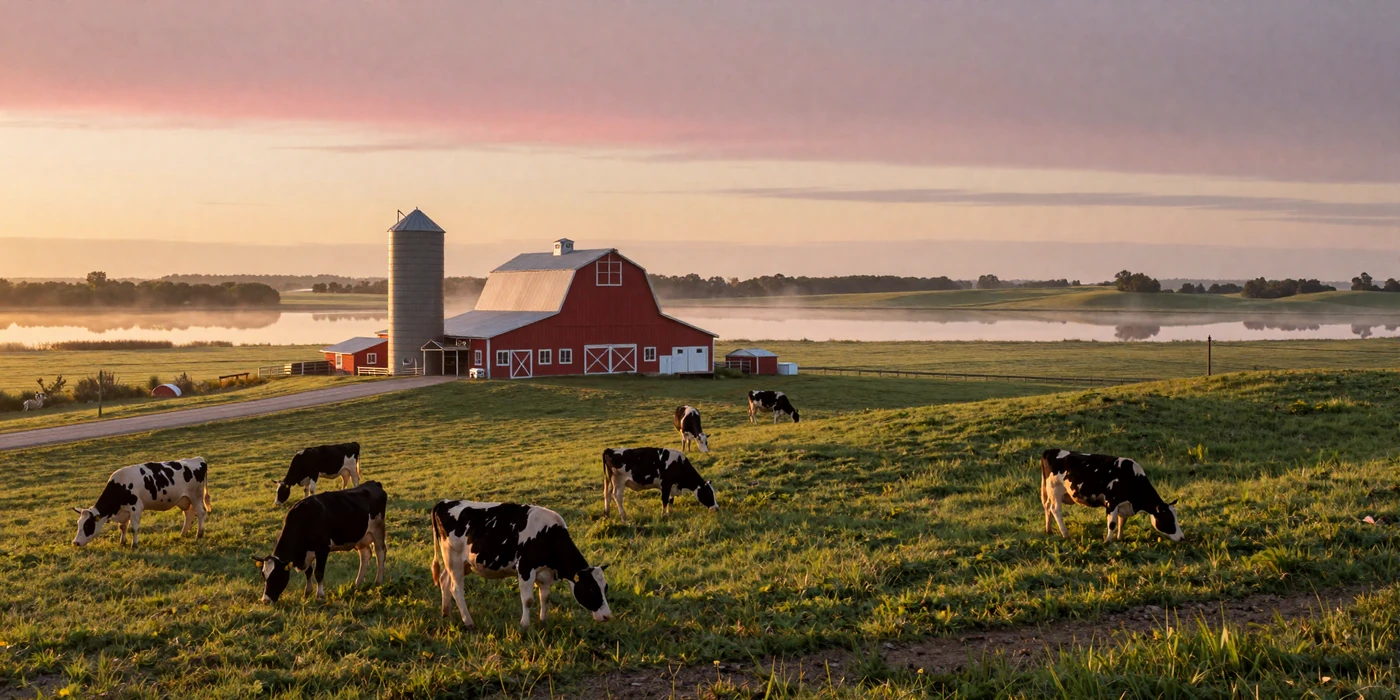 Minnesota dairy farm at sunrise with Holstein cows grazing on green pastures, red barn and silver silo against a golden sky with morning mist