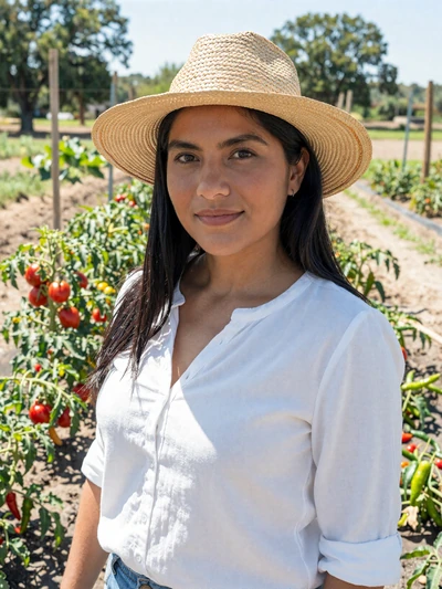 Maria, 36, Texas produce farmer in her vegetable garden in the Rio Grande Valley