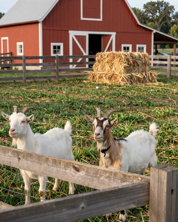 Well-maintained American farm with healthy goats in green pasture and red barn in background, halal farming lifestyle