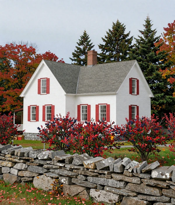 Classic white New England farmhouse with red shutters surrounded by wild blueberry bushes in autumn along the Maine Down East coast