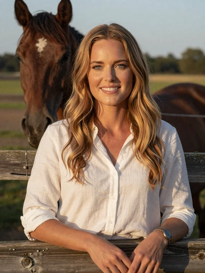 Sarah, a 34-year-old Christian farmer woman from Tennessee leaning on a farm fence