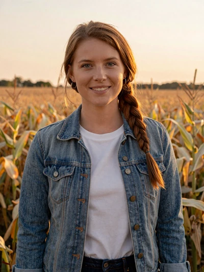 Hannah, 29, Wisconsin crop farmer smiling at the edge of a golden cornfield at sunset