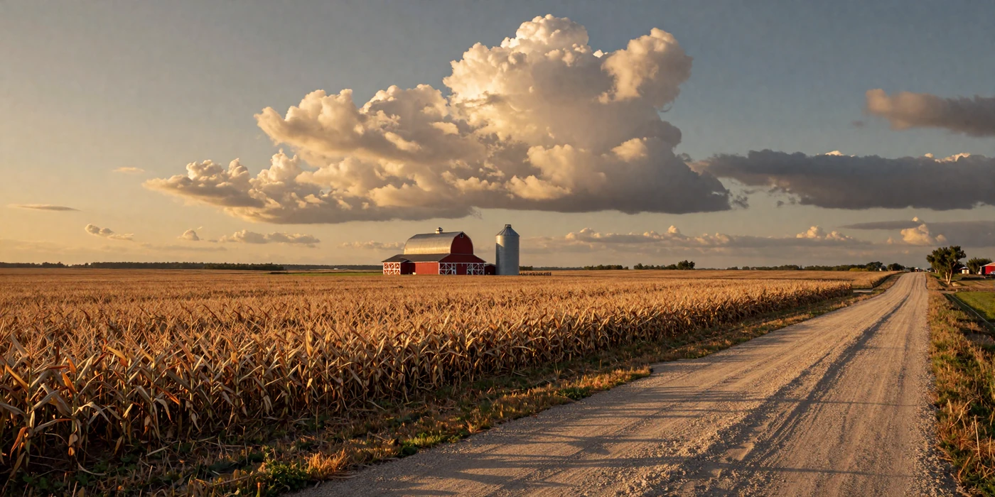 Illinois prairie farmland at golden hour with vast cornfields stretching to the horizon, red barn and grain bins in the distance