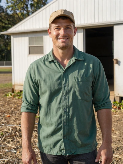 Hank, 38, Alabama poultry farmer smiling outside a broiler house in Cullman County