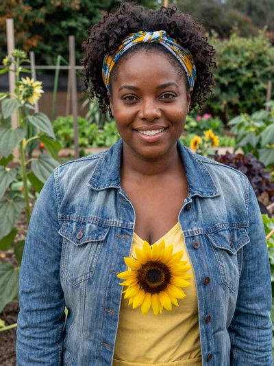Jasmine, a 32-year-old Black farmer woman smiling in her organic vegetable garden in North Carolina