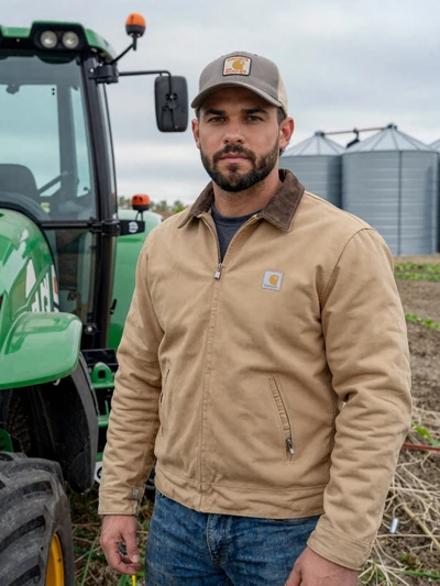 Derek, 42, Iowa mixed farm operator standing next to a tractor in a farmyard near grain bins