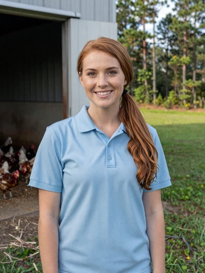 Rachel, 29, Alabama poultry farm manager smiling near a barn in DeKalb County