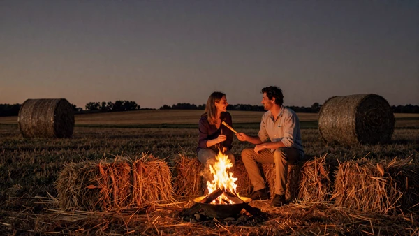 Couple enjoying a bonfire on hay bales at twilight on a farm, country first date ideas