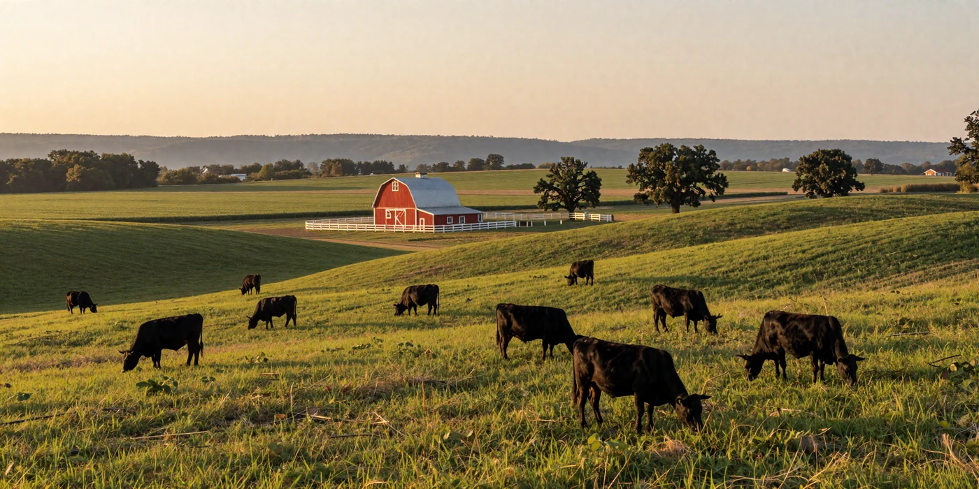 Missouri Ozarks farmland at sunset with rolling green hills, cattle pastures, soybean fields, and a red barn against hazy blue ridgelines