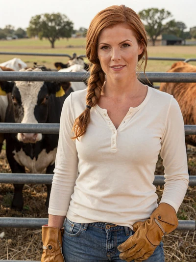 Hannah, 33, Texas Hill Country cattle rancher at a gate with Hereford cows behind her
