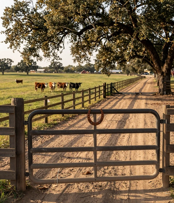 Rustic Texas ranch gate with horseshoe detail and Hereford cattle grazing in the Hill Country pasture beyond