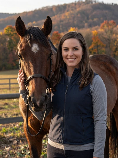 Lacey, 34, West Virginia horse and cattle farmer standing with horse in autumn mountain pasture