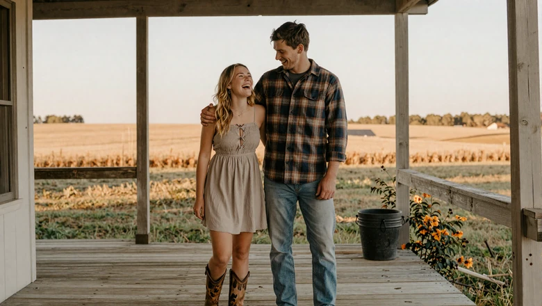 City woman laughing with her farmer partner on a farmhouse porch at golden hour with fields in background