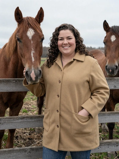 Carrie, 36, Wisconsin horse and livestock farmer smiling beside a wooden corral with chestnut horses