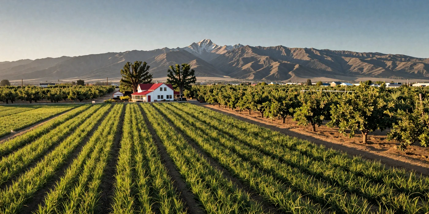 Lush green rice paddies and fruit orchards in the California Central Valley at golden hour with farmhouse and mountains in background, asian farmers dating