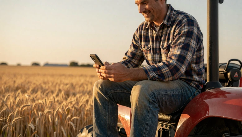 Farmer browsing a dating app on his phone while sitting on a tractor at golden hour in a wheat field
