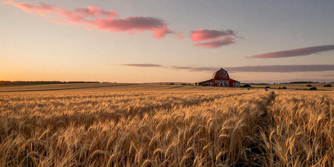 Golden wheat field at sunset on an American farm, the heartland where country singles find love