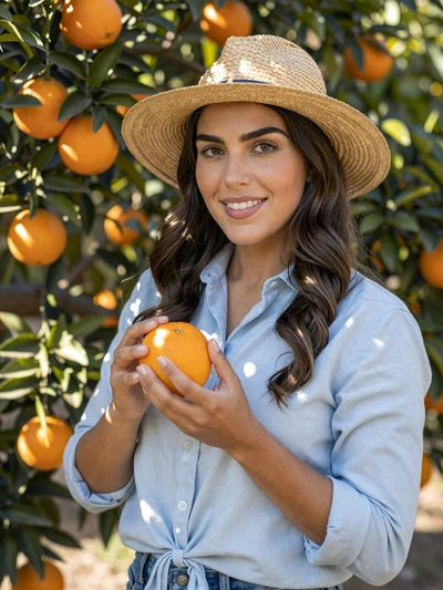 Maria, 33, Florida citrus grove manager smiling among orange trees in Polk County