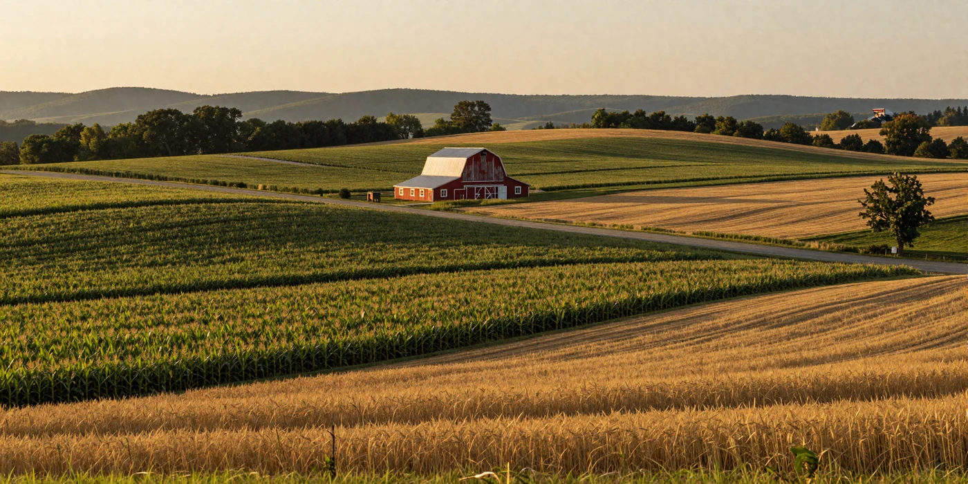 Rolling Ohio farmland with red barn at golden hour showcasing the Buckeye State agricultural landscape for rural singles