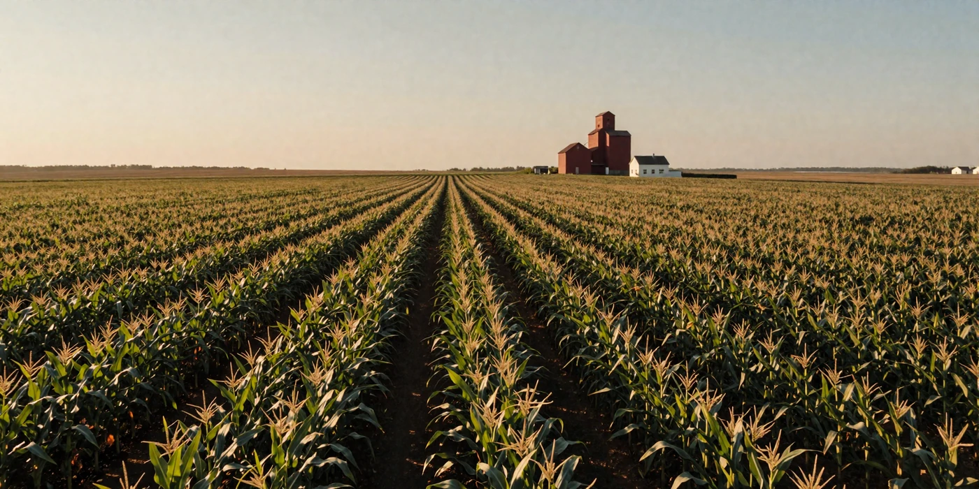 Golden Iowa cornfield rows stretching to the horizon at sunset with grain elevator and farmhouse in the heartland where rural singles find love