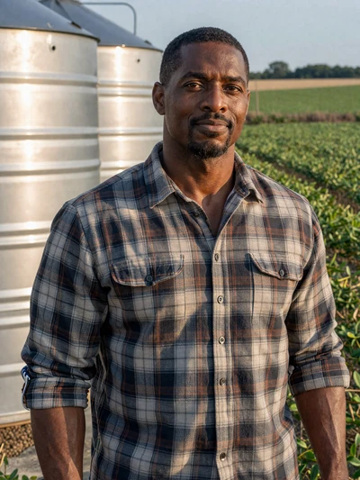 Derek, 44, Illinois soybean farmer standing near grain bins in Champaign County