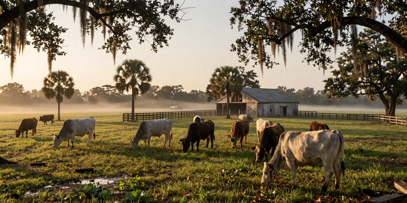 Central Florida cattle ranch at sunrise with Brahman cattle grazing on green pastures surrounded by cabbage palms and live oaks