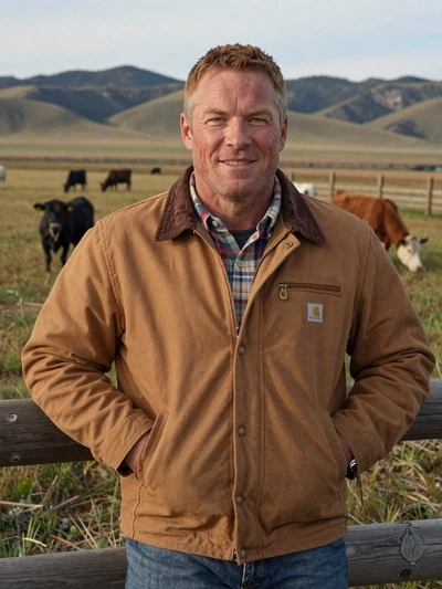 Patrick, a 48-year-old Irish-American rancher leaning on a fence with cattle in Montana grasslands