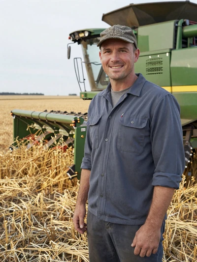 Marcus, 41, Minnesota wheat and sugar beet farmer grinning next to combine in harvested field in Polk County