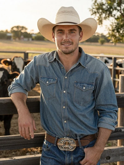 Wyatt, 37, Texas cattle rancher in cowboy hat leaning on corral fence in the Panhandle