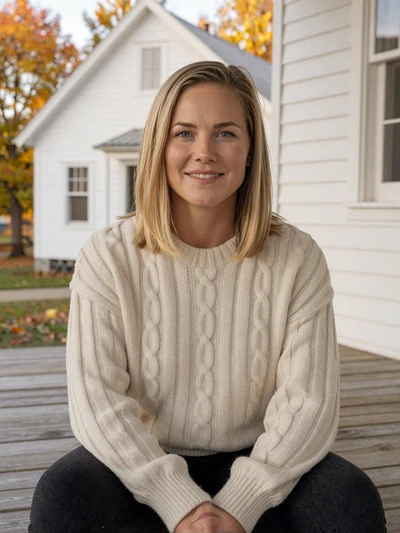 Ingrid, a 39-year-old Swedish-American farmer woman on a white farmhouse porch in Minnesota in autumn