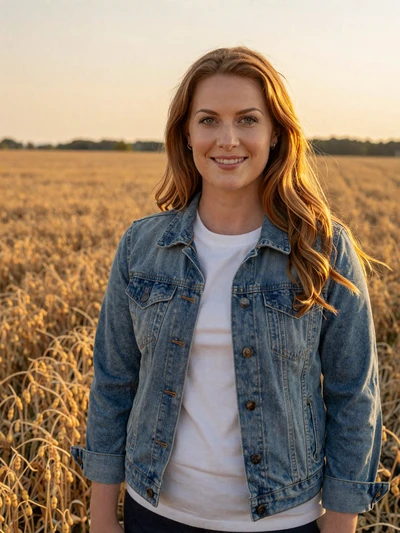Hannah, 31, Ohio grain farmer standing by soybean field at sunset in Darke County