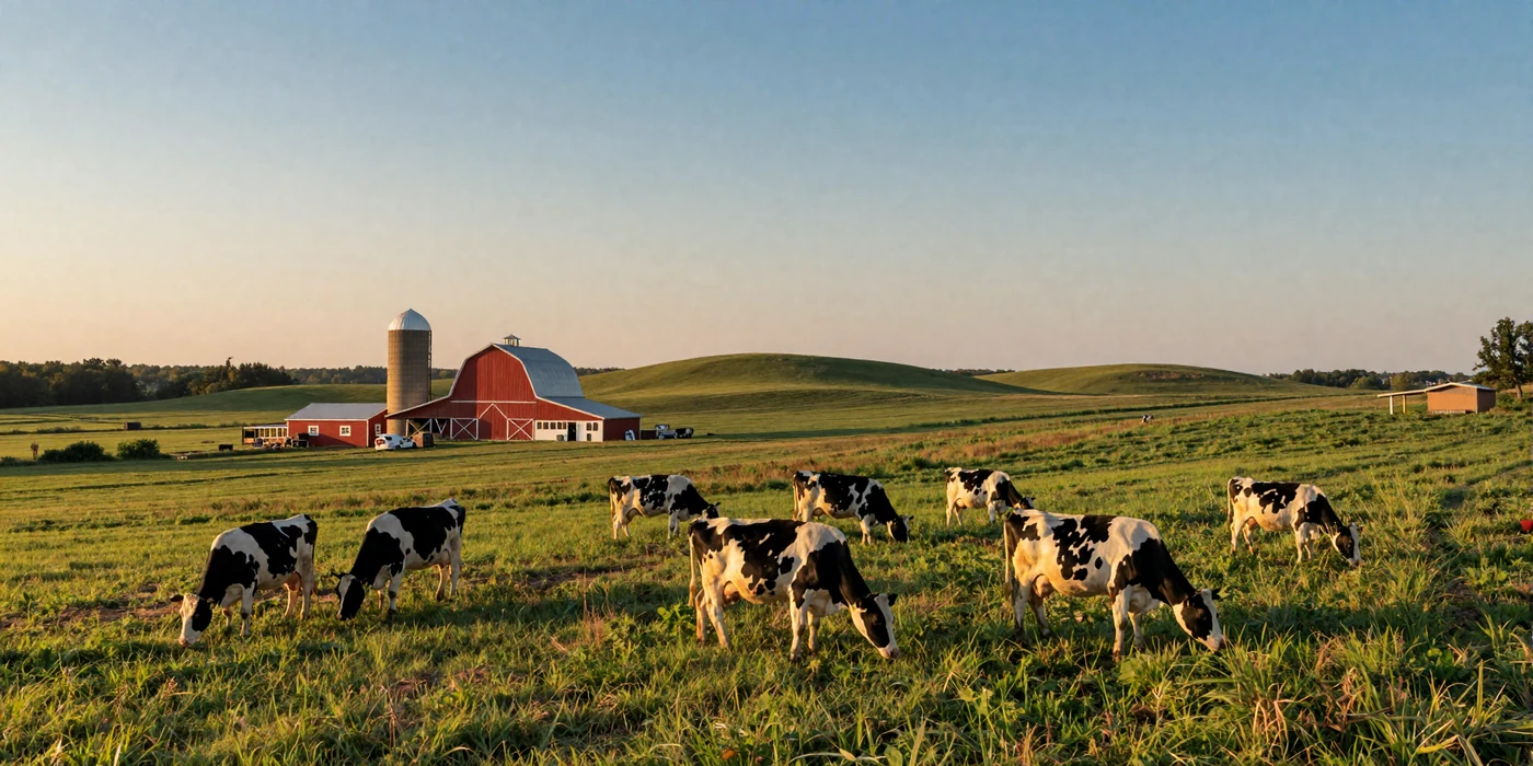 Wisconsin dairy farm with rolling green pastures, Holstein cows grazing near a classic red barn and silos at golden hour