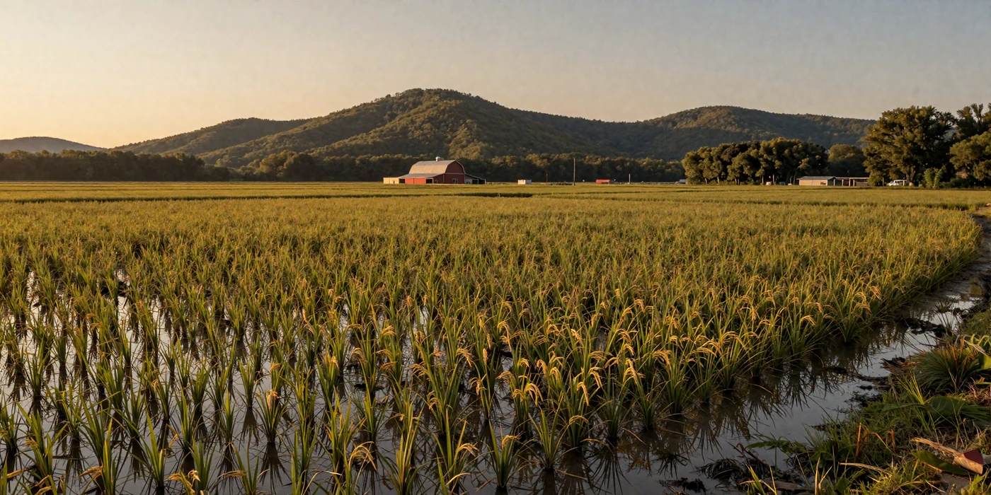 Arkansas rice paddy fields at golden hour with Ozark Mountain foothills in the background and a red barn in the distance