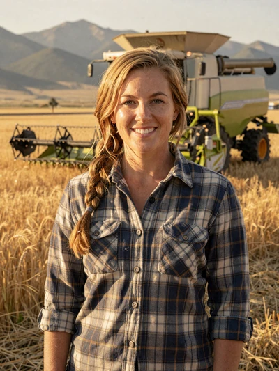 Sarah, 34, Montana wheat farmer smiling in a golden wheat field with mountains on the horizon at golden hour