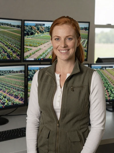 Sarah, a 37-year-old precision agriculture consultant standing in a farm tech office with field data monitors