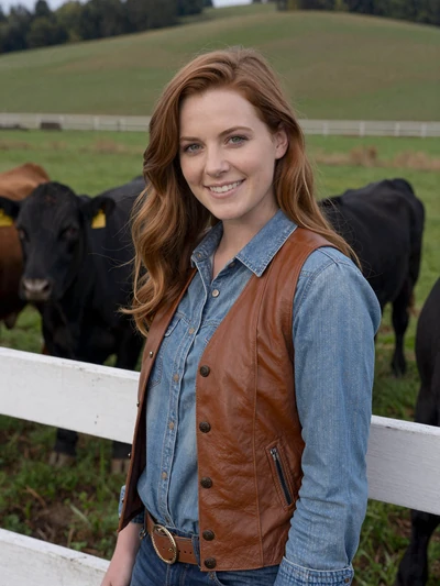 Natalie, 33, Illinois cattle rancher smiling by a white fence with Angus cattle in Adams County