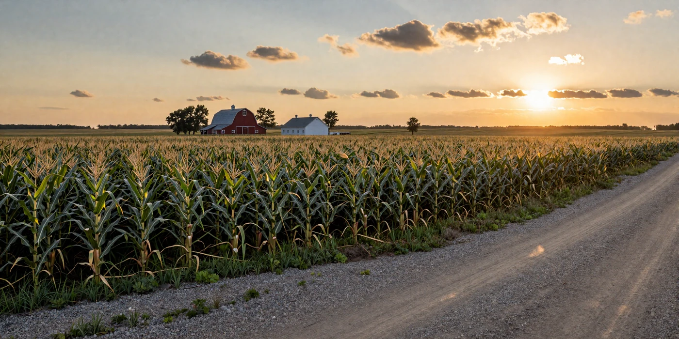 Golden Indiana cornfield at sunset with red barn in the Hoosier heartland where rural singles find love