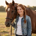 Farmer woman smiling beside her horse in a sunlit pasture for her dating profile