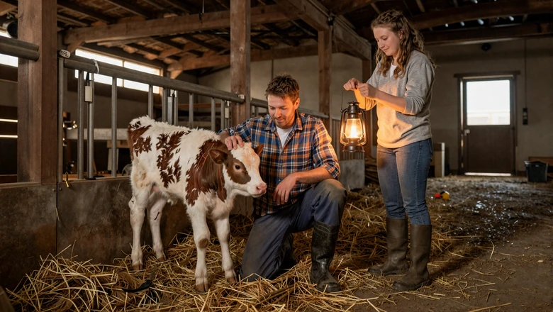 Farmer helping a newborn calf in a barn at night while his partner holds a lantern, cancelled date reality of dating a farmer