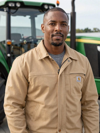 Marcus, 41, Indiana mixed farm operator standing near tractor in equipment yard