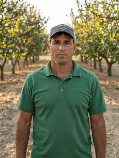 David, 44, California almond grower standing in his orchard near Fresno County in morning light