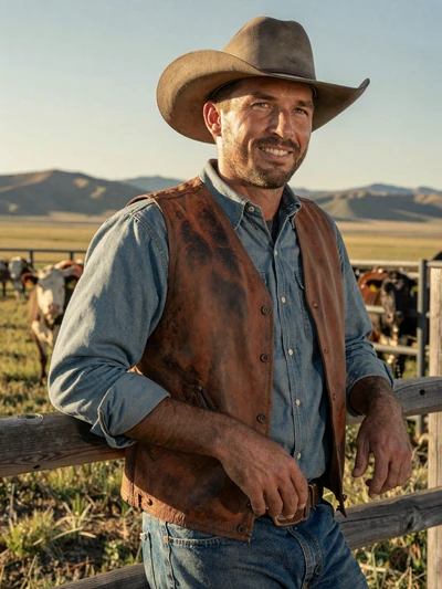 Cody, 41, Montana cattle rancher leaning on a wooden corral fence with cowboy hat and denim shirt under Big Sky sunset