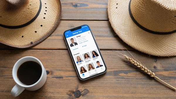 Smartphone with dating app on rustic table with coffee and cowboy hat, best farmer dating apps