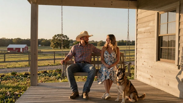 Couple sitting on a farm porch swing at sunset with a dog, what to expect when dating a farmer