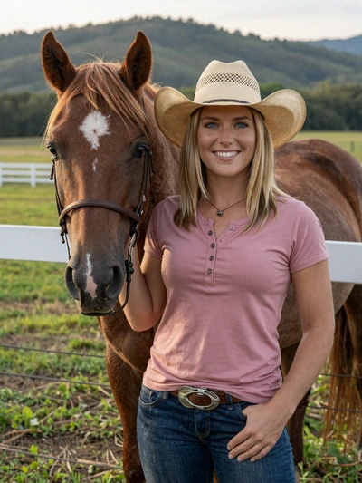 Shelby, 29, Missouri horse and cattle rancher smiling next to a horse in a green pasture in Douglas County