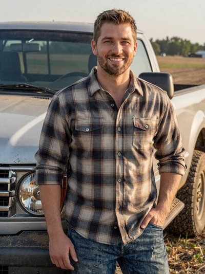 Travis, a 35-year-old country farmer from Texas smiling next to his pickup truck in a farm field