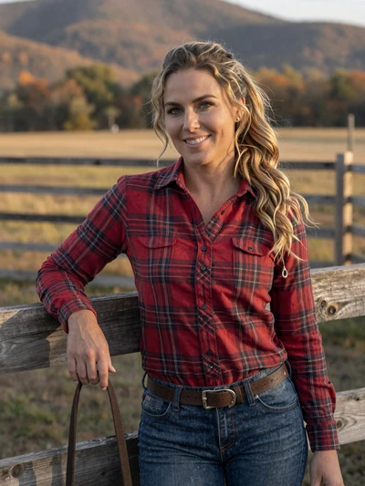 Sarah, 34, Arkansas horse and cattle rancher smiling near a wooden corral in the Ouachita Mountains