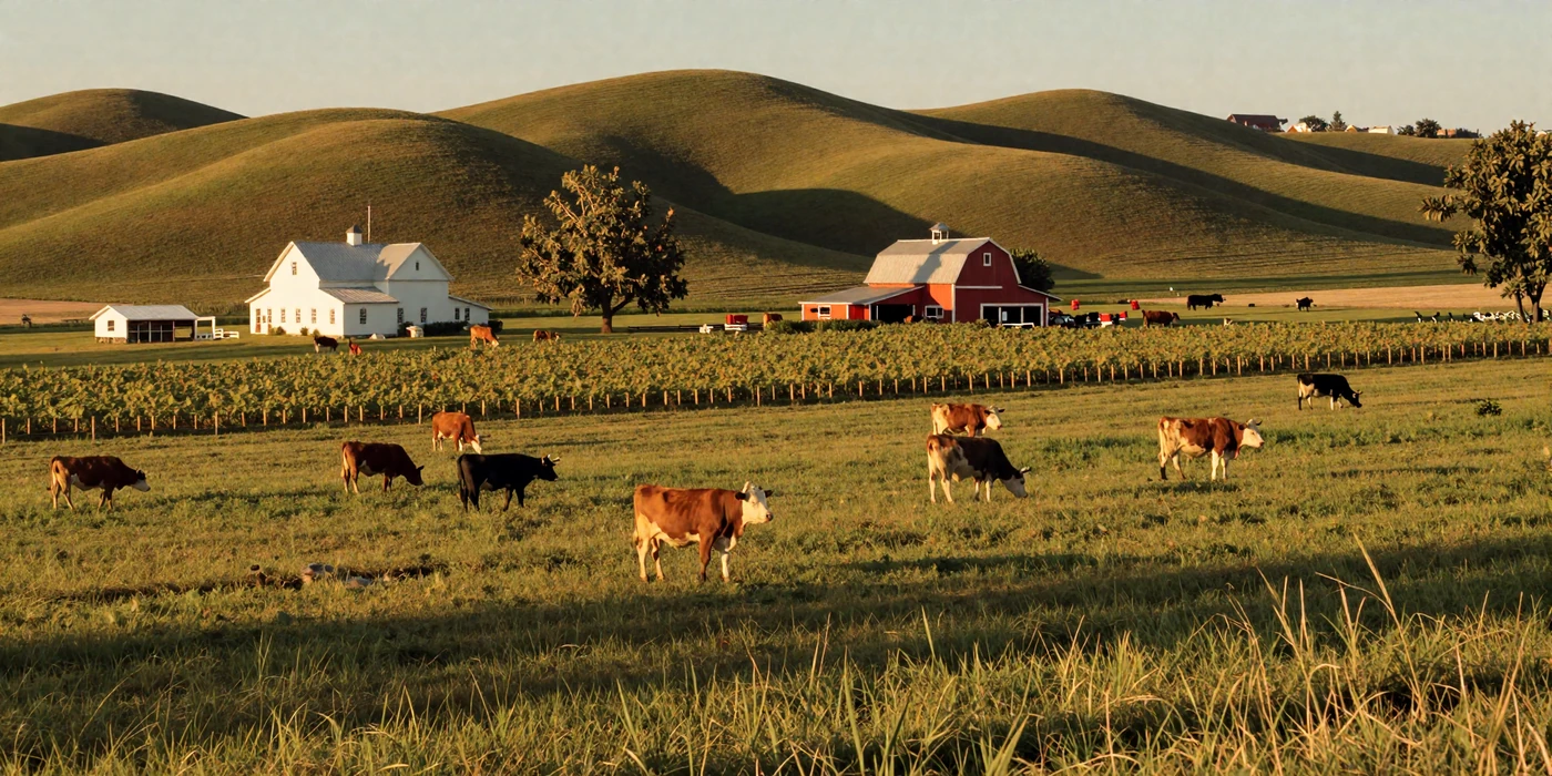 Golden hour over American farmland with lush green pastures and a red barn, representing Muslim farmers dating community