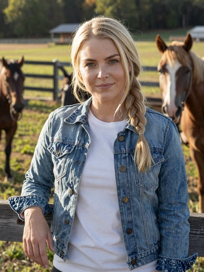 Sarah, 29, Indiana horse rancher leaning on fence in rural pasture